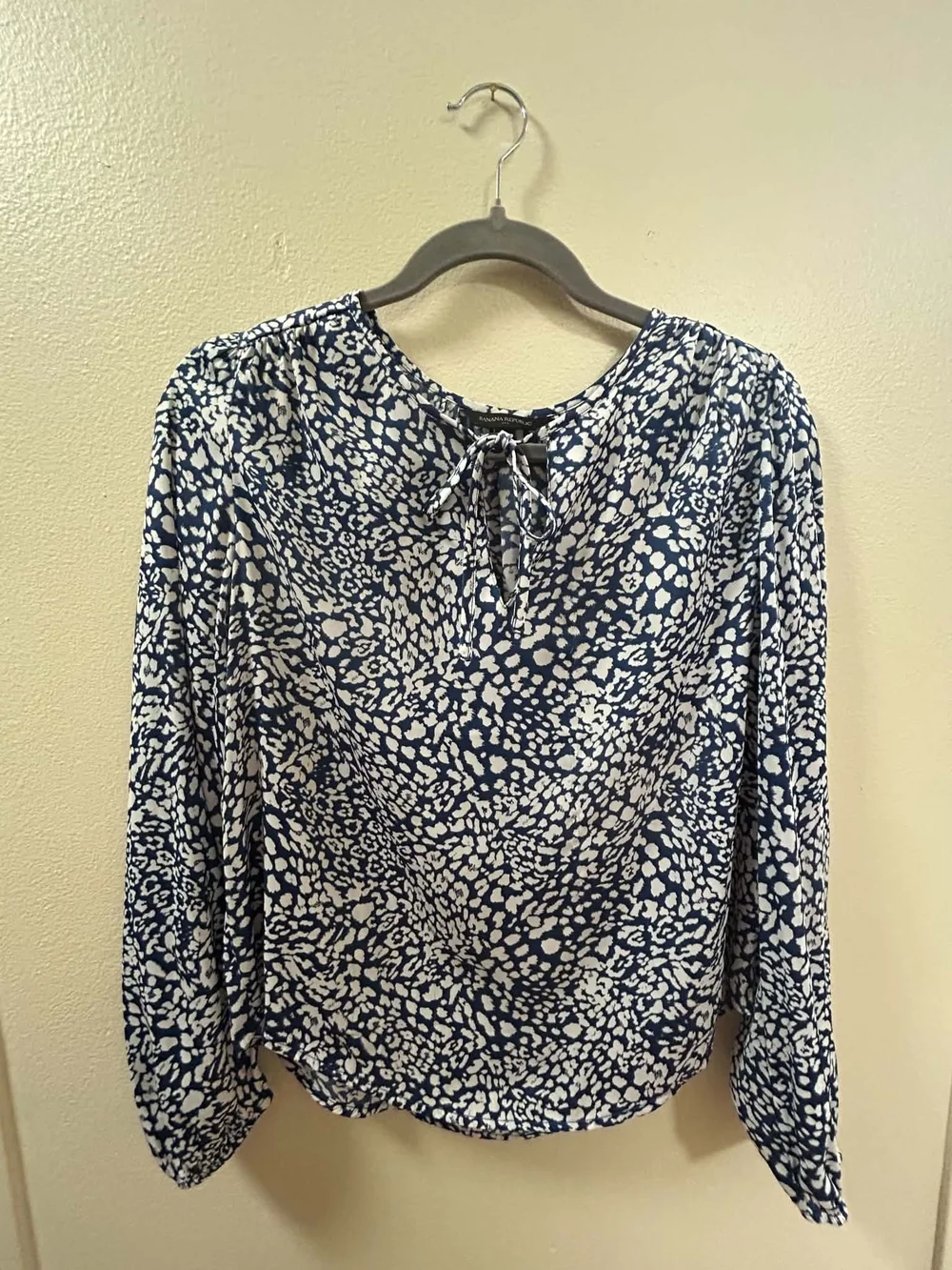Banana Republic Navy and White Printed Tie-Neck Blouse